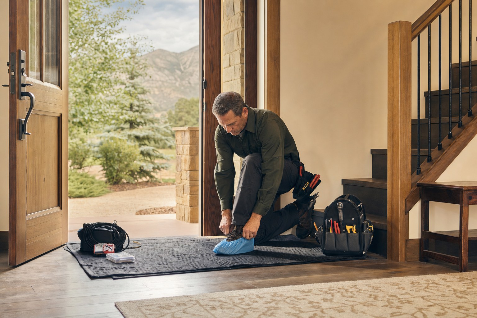 Electrician putting on shoe covers before entering a home