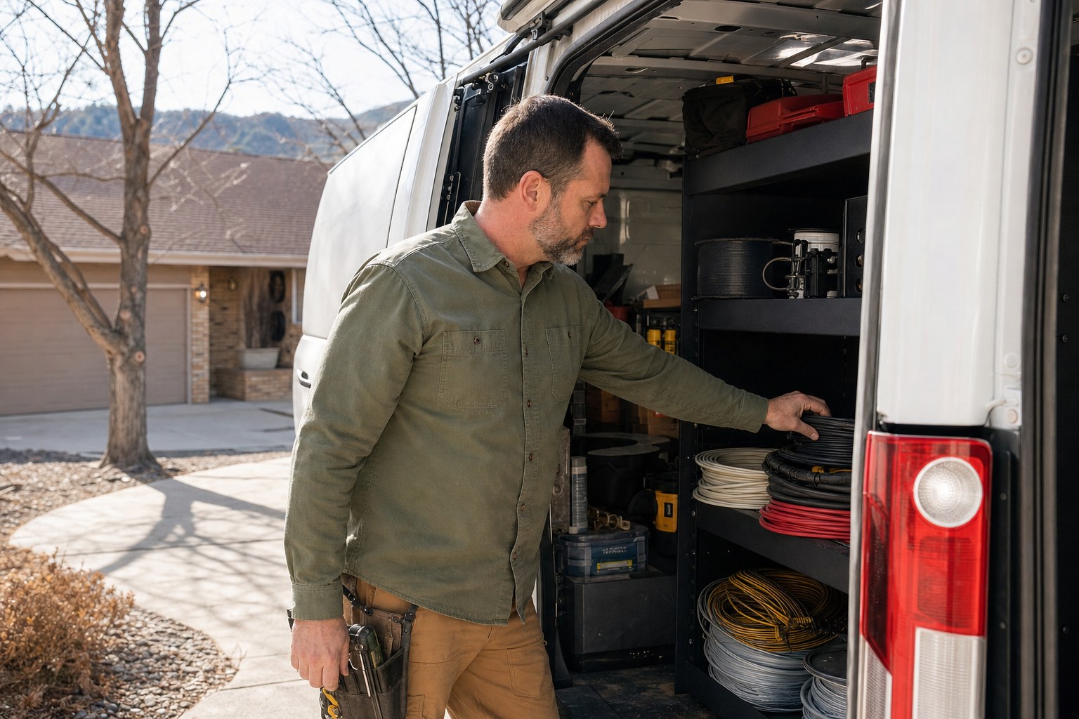 Ted reaching for a coil of wire in the open side door of his white work van