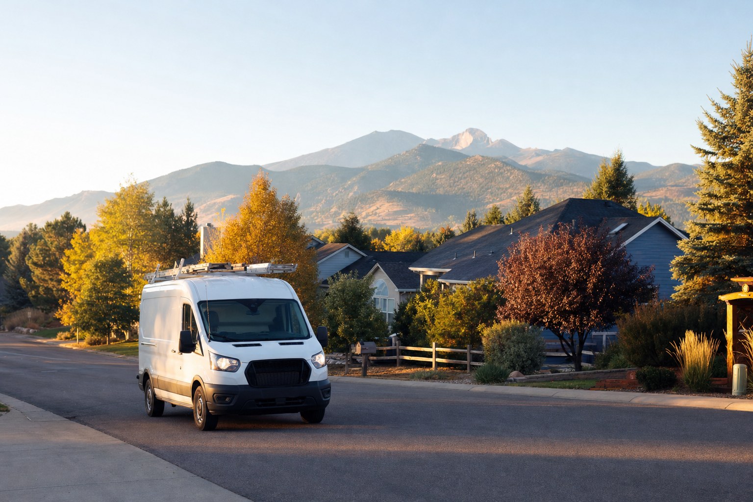 White electrician work van driving through a Northern Colorado neighborhood