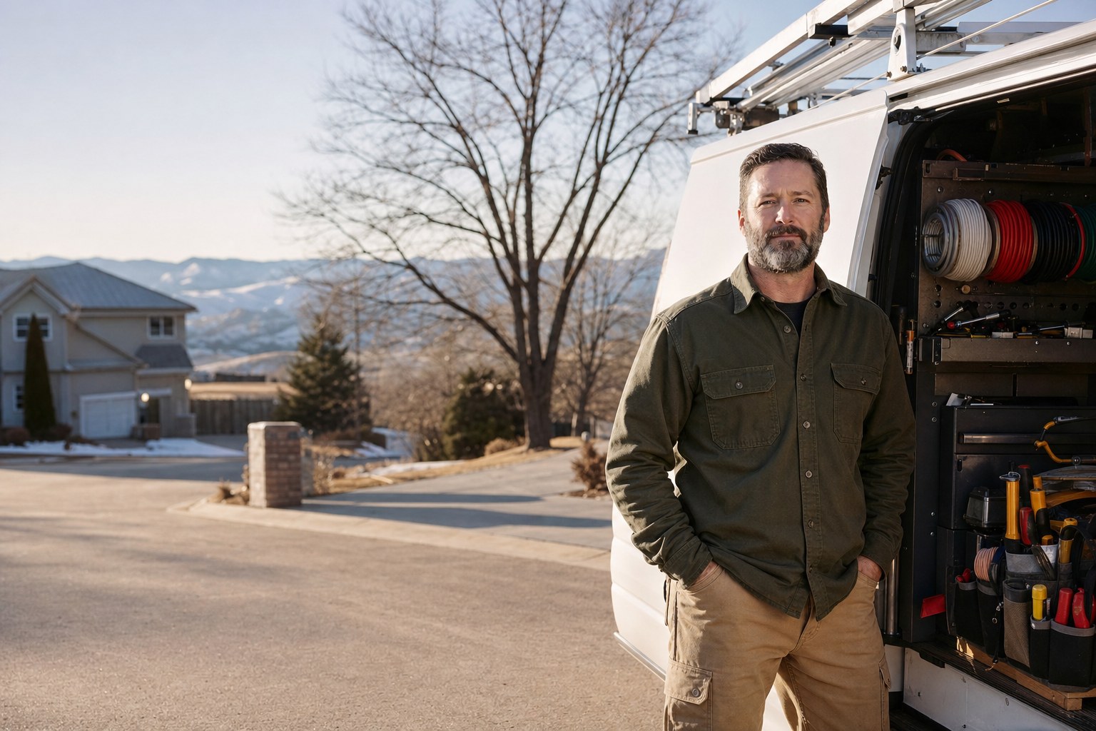 Electrician standing beside an open work van in a Northern Colorado neighborhood
